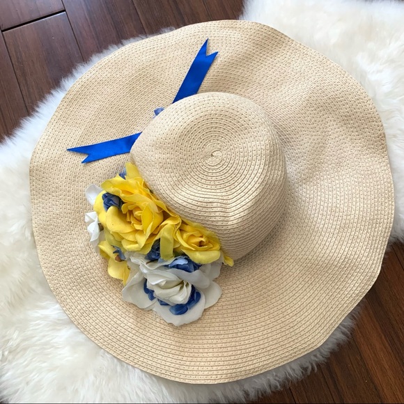 Retro PinUp Floppy Beach Hat, Blue Yellow Flowers - Picture 6 of 10